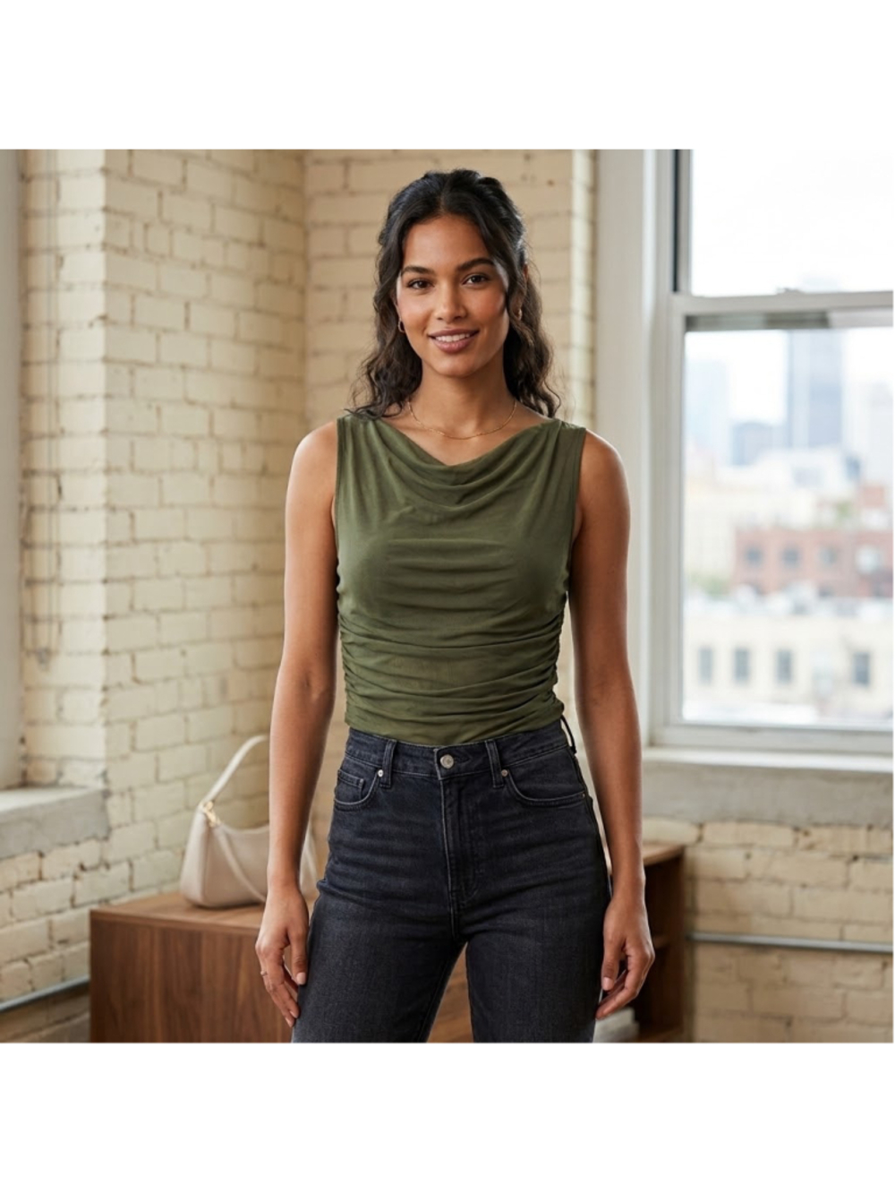 Express Womens Cowl Neck Ruched Tank Top Olive Green Sleeveless Mesh Minimalist
